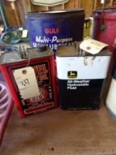 (3) Oil Tins, 1 Gal. John Deere Hydro, 1 Gal. Marvel Mystery and 5 Gal. Gul