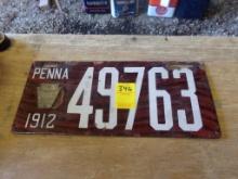 Car License Plate, PA. 1912, Enamel, Brown and White with Badge  (ENAMEL FA