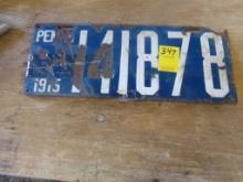 Car License Plate, PA. 1915, Enamel, Blue and White, SHOWS RUST, POOR TO FA