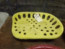 Yellow Cast Iron Antique Tractor Seat, Square with 1 Flat Side for Easy Acc