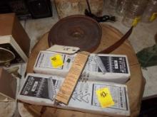 Group of 1 1/2'' and 1 1/4'' Leather Flat Belting and (3) Boxes of Steel La