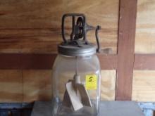 Butter Churn, Clear Glass, Wood Paddle, Approx 2 Gallon