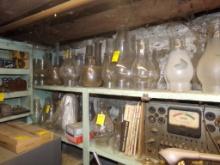Large Qty. Of Oil Lamp Globes, On Shelves, And PartsIn Metal, 2-Drawer Bins