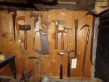 Group Of Hammers, Hatchets, Saws And Pry Bars, (IN BASEMENT)