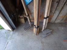 3 Bundles Of Garden Tools; Rakes, Handles And Hoes, (IN GARAGE)