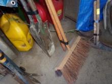 2 Old, Shop Brooms And 2 Post Hole Shovels, (IN GARAGE)