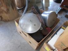Box Of Pots & Pans, And Old Tin Dust Pans, (IN GARAGE)