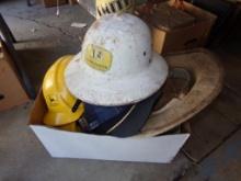 Box Of John Deere Caps And Hard Hats, Under Tablee, (IN GARAGE)