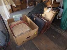 Box w/Tin Picnic Basket, Group Of Brief Cases & Suitcases, Under Table, (IN