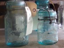 (2) Blue Galss Canning Jars-Pint ''Clarks Peerless'' and Quart Tongue and B