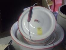 Red & White Enamel Ware Set, Fair Condition With Some Chipping. Chamber Pot