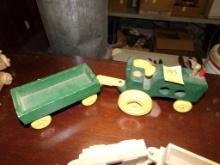 Green and Yellow Tractor and Wagon Toy Set, Wood Without Driver (Garage)