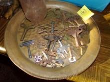 Group of Clock and Cabinet Keys with Old Serving Tray and P.B. Jar (DR)