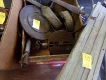 Wood Box with Misc. Cast Iron Stove Parts, Flues, Lid Lifter, Ring Gauge, E
