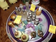 Decorative Serving Tray with (17) Salt and Pepper Shakers and a Toothpick C