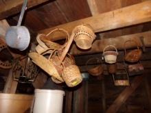Large Group of Small Wicker Baskets Hanging From Ceiling  (Store)