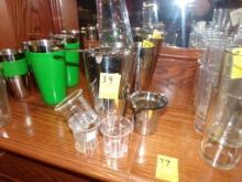 Group Of Stainless Shakers, m=Measuring Glass, (3) Shot Glasses