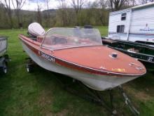 14-16' Closed Bow Fiberglass Boat with 80 HP Johnson Outboard on Single Axl