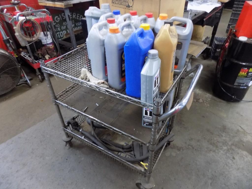 3 Tier Wire Cart with Contents Including Many Partial Jugs of Automotive Fl