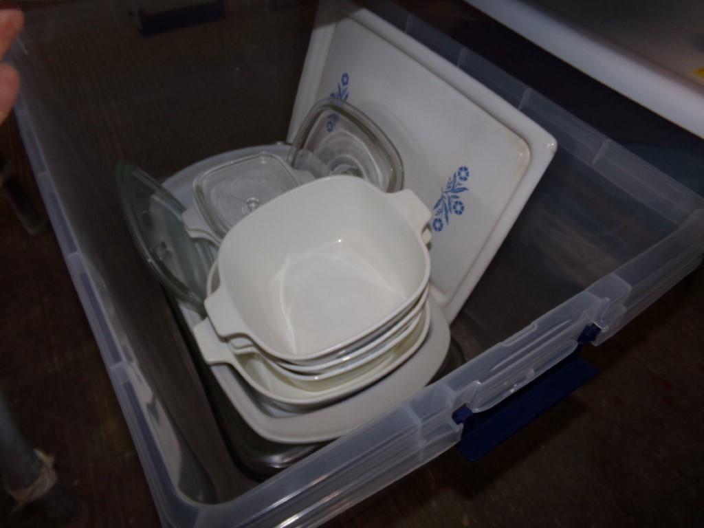 Large Tote of Corning Ware Dishes, TOTE MUST STAY-BRING OWN BOXES (Garage)