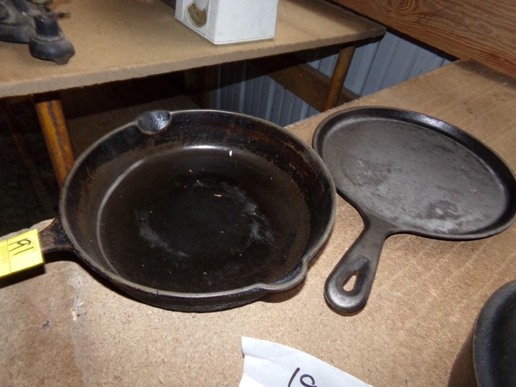 (2) Cast Iron Pans Mi-Pet No8 Frying Pan, and Lodge Griddle (Lean to Side o