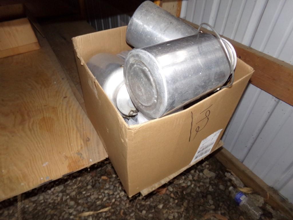 Box of Aluminum Milk Jugs and Misc Items (3) Jugs (Lean to Side of Garage)