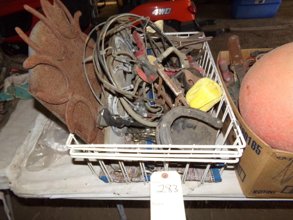 (2) Wre Crates, Bucke Heater, Horse Related Decorations, Harness Items and