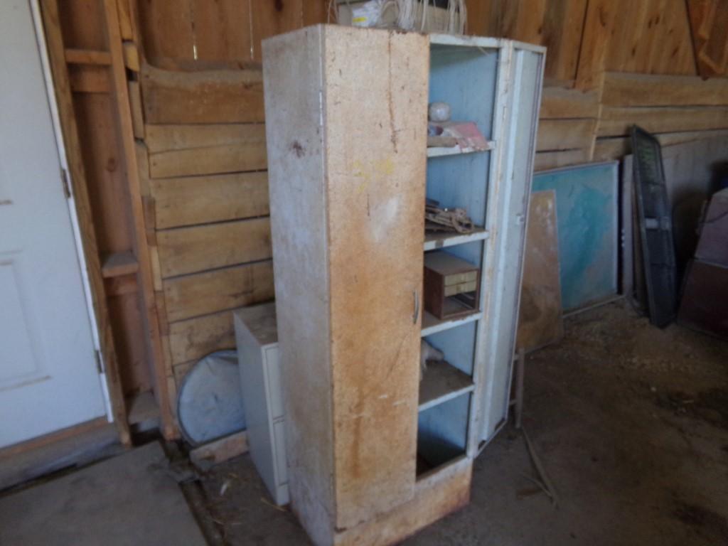 Metal 2 Door Cabinet, (2) Small File Cabinets, an Old Chair With Contents