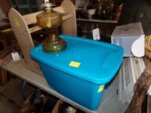 Large Oil Lamp and Blue Tote Full of Lamp Globes (Garage)