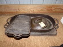 Long Cast Iron Griddle, Long Baking Pan, (2) Small Lids, and (2) Corn Shape