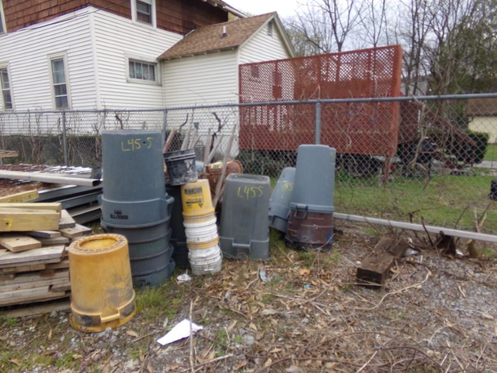 Group of Plastic Buckets and Trash Cans (Outside)