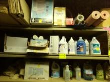 Contents of Top 3 Tiers of Shelf-Cleaning Supplies, Paper Rolls, Floor Prot