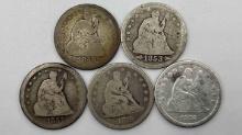 (5) US Seated Liberty Quarters: (2) 1853 Arrows & Rays. 1857. (2) 1876.