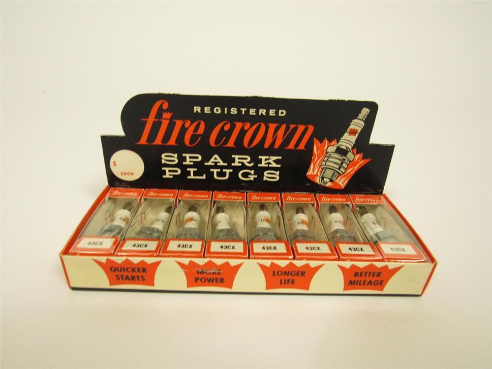 NOS 1960s Fire Crown Spark Plugs automotive garage countertop display still full of NOS product.