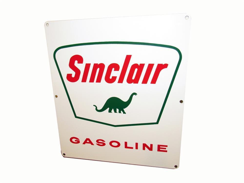 NOS Sinclair Gasoline porcelain pump plate sign with Dino graphic.