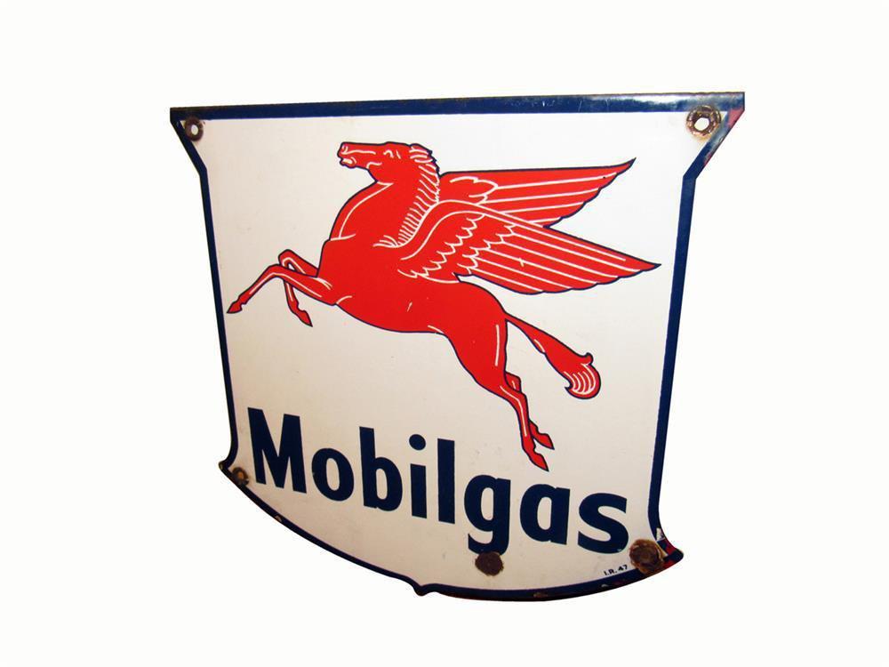 Good-looking 1947 Mobilgas shield-shaped porcelain pump plate sign with Pegasus logo.