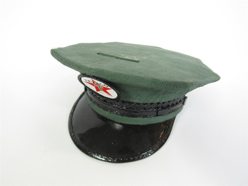 Circa 1950s Texaco Oil promotional service attendants hat-shaped coin bank.