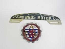 Lot consisting of a 1940s Dodge license plate attachment sign and period Auto Club of Luxembourg car
