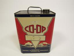1930s Co-op Motor Oil 2-gallon tin with wonderful graphics.