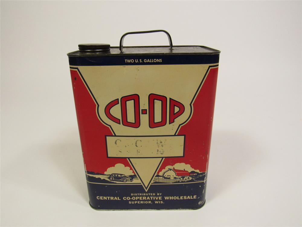 1930s Co-op Motor Oil 2-gallon tin with wonderful graphics.