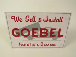 Unusual 1950s Goebel Brothers Hoists and Boxes double-sided tin garage sign with nice graphics.