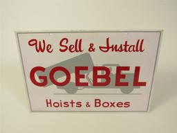 Unusual 1950s Goebel Brothers Hoists and Boxes double-sided tin garage sign with nice graphics.
