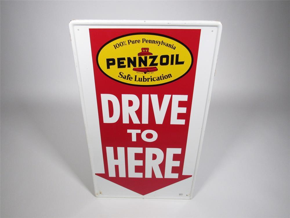 1968 Pennzoil Drive to Here single-sided tin automotive garage sign.