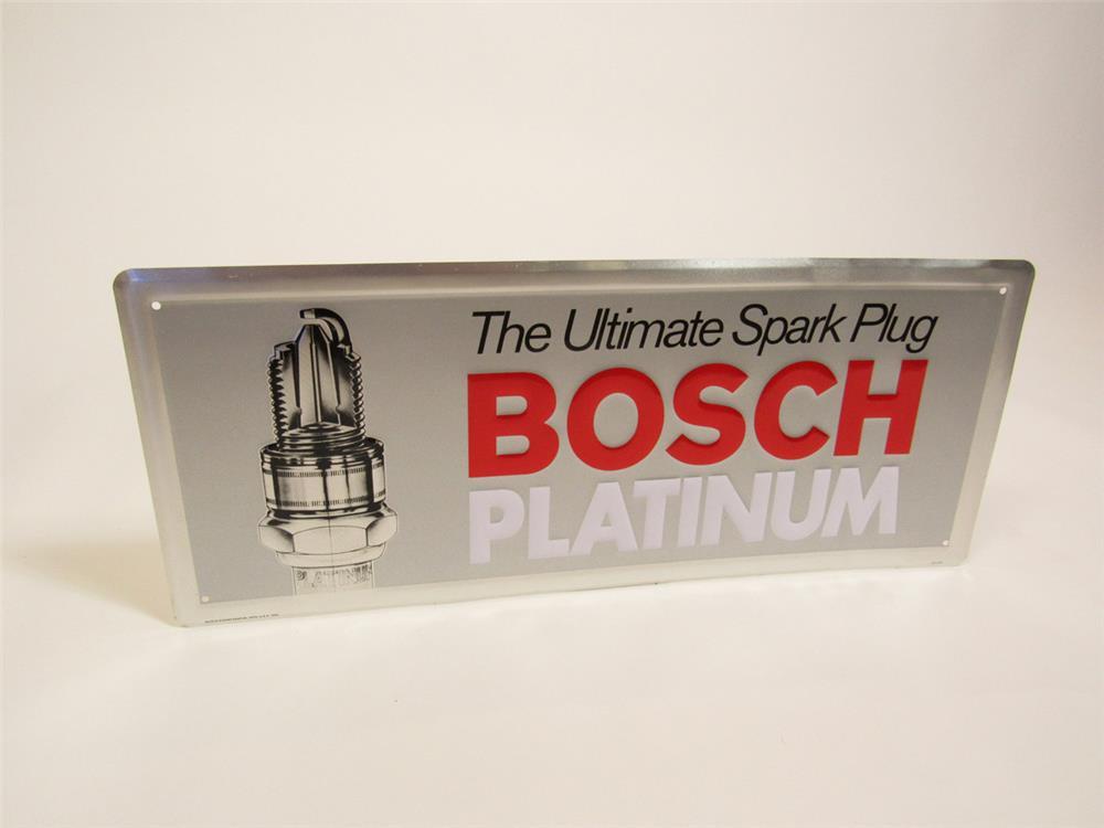 NOS Bosch Platinum Spark Plug single-sided embossed tin automotive garage sign with plug graphic.