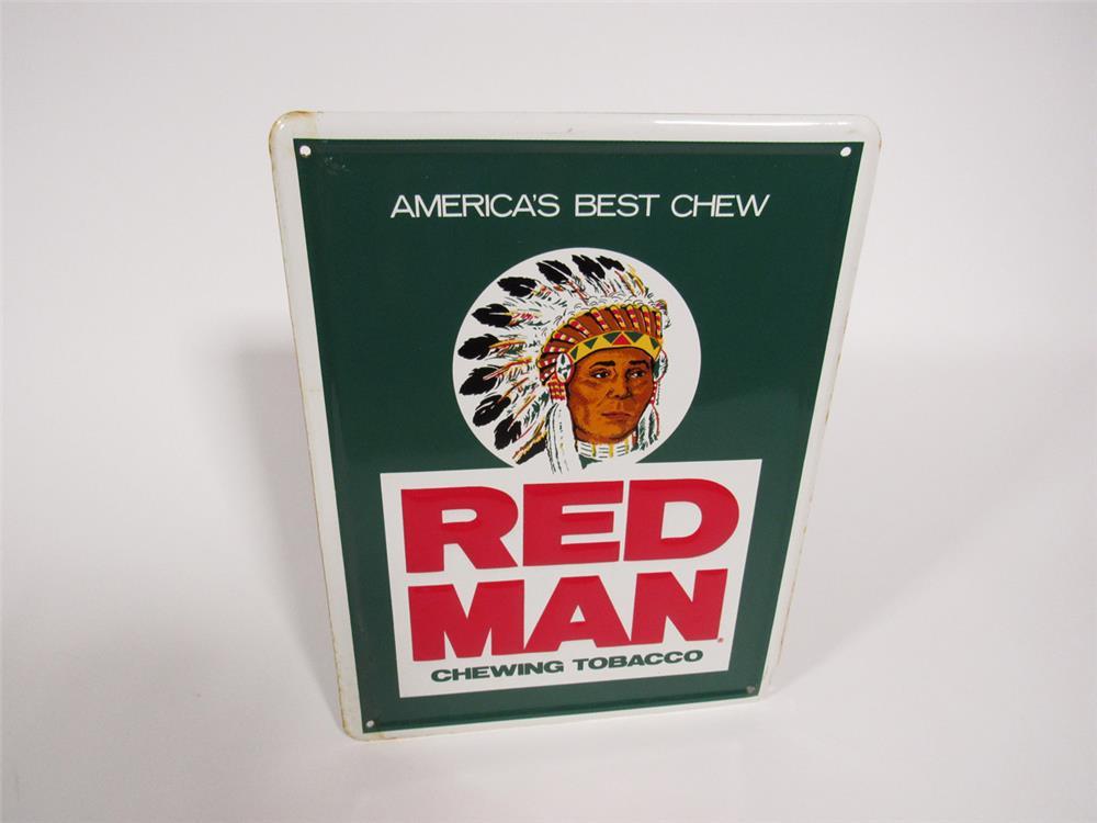 NOS Red Man Chewing Tobacco tin sign with Native American Chieftain logo.