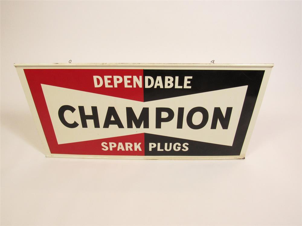 1960s Dependable Champion Spark Plugs double-sided tin automotive garage sign.