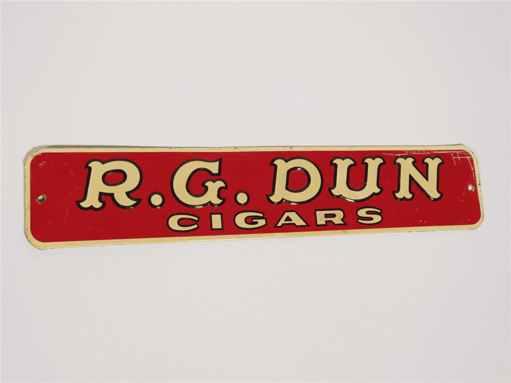 1930s R. G. Dun Cigars single-sided embossed tin general store sign.