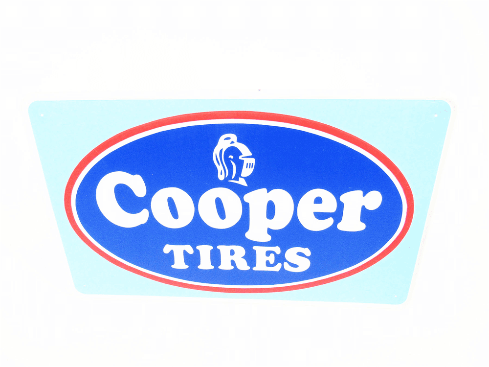 VINTAGE COOPER TIRES SINGLE-SIDED EMBOSSED TIN GARAGE SIGN WITH KNIGHT HEAD LOGO.