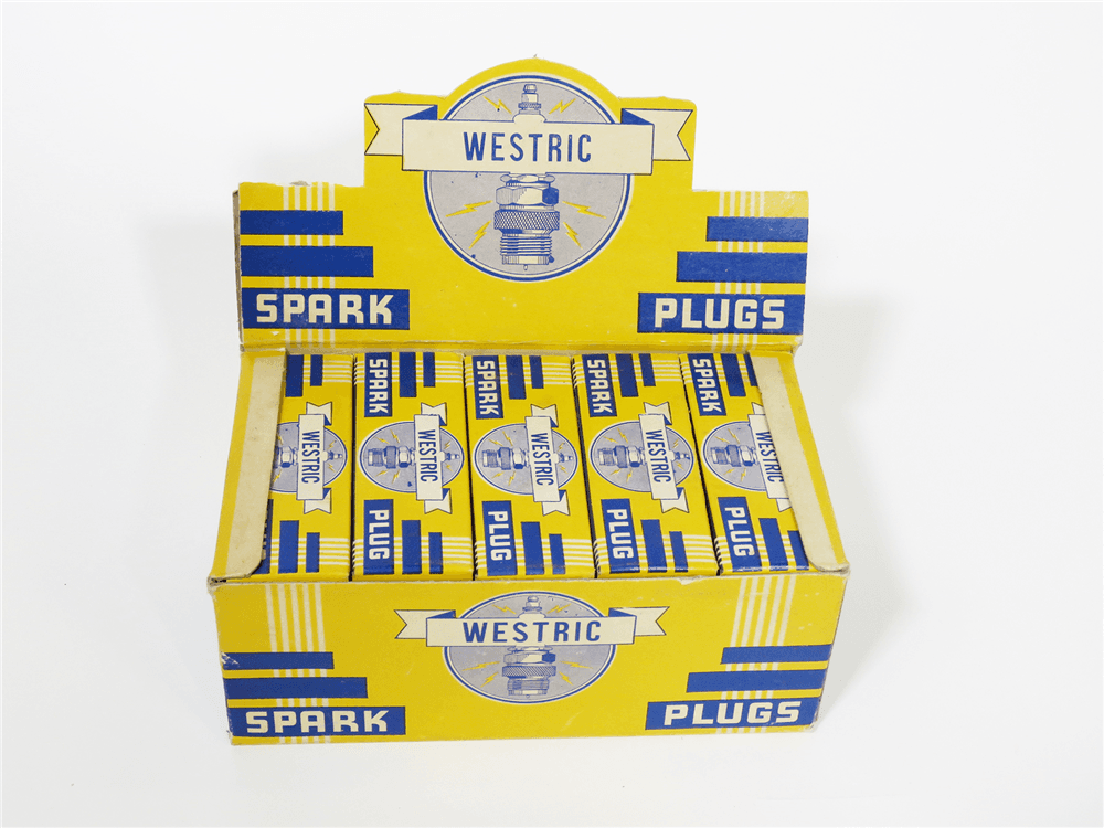 NOS CIRCA 1930S WESTRIC SPARK PLUGS COUNTERTOP DISPLAY BOX STILL FULL OF NOS PLUGS.