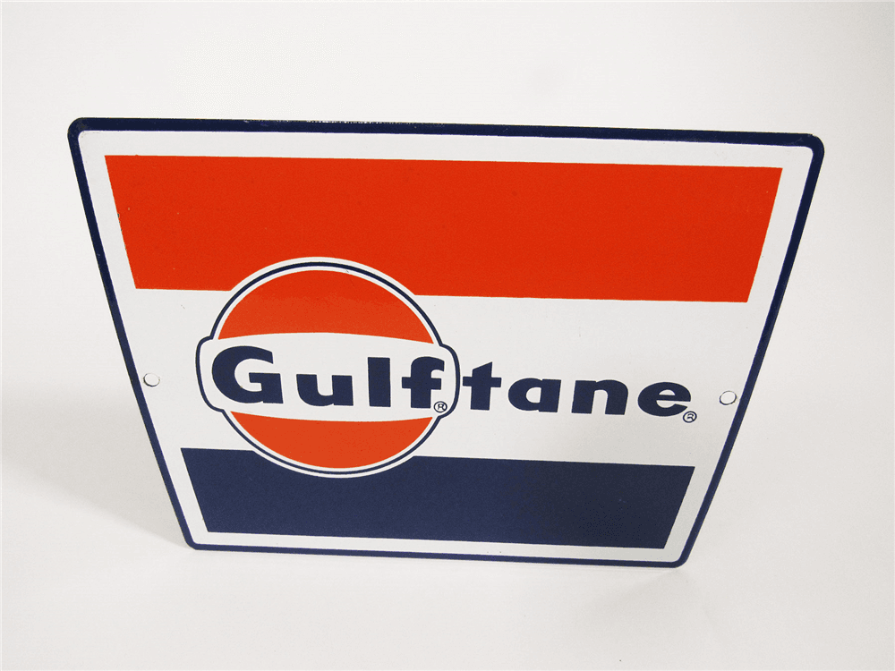IMMENSELY CLEAN CIRCA LATE 1950S-EARLY 60S GULF OIL GULFTANE PORCELAIN PUMP PLATE SIGN WITH PERIOD G